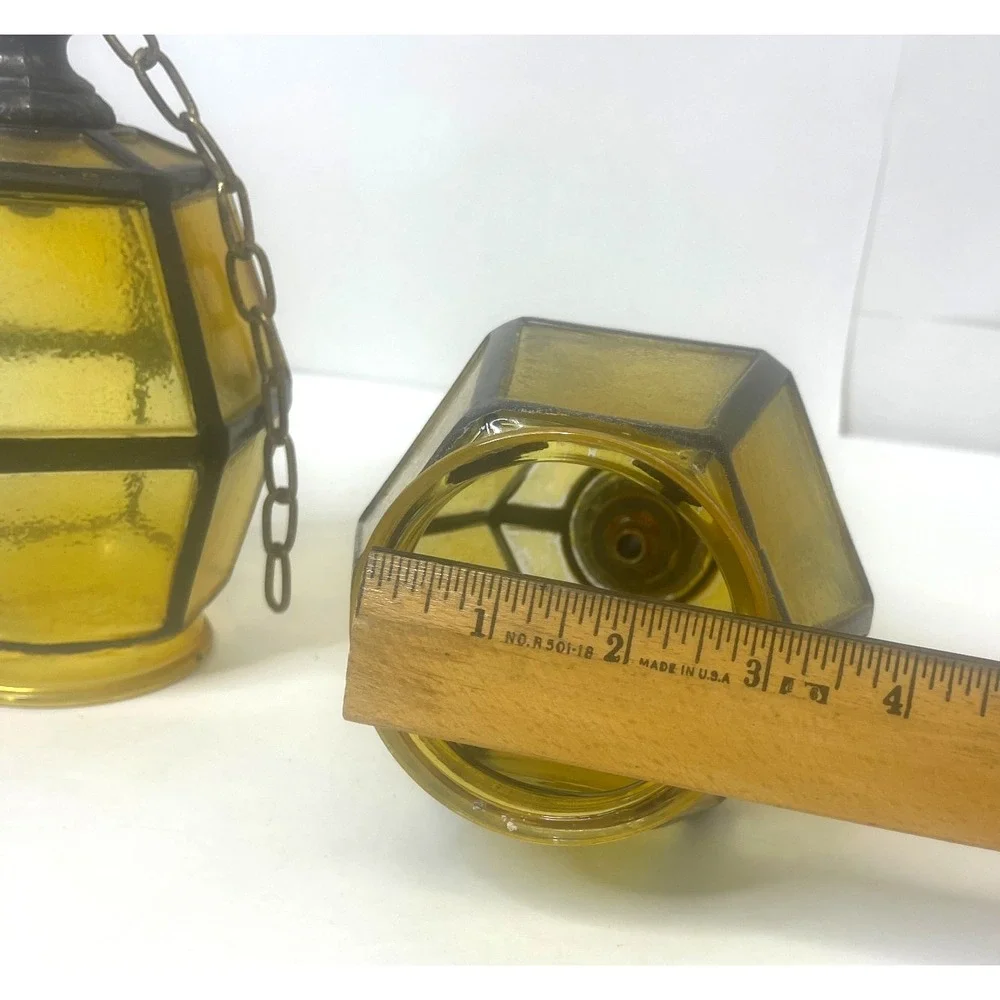 Set of 3 Amber Glass Lantern Style Lamp Shades MCM Gothic‎ Medieval 3